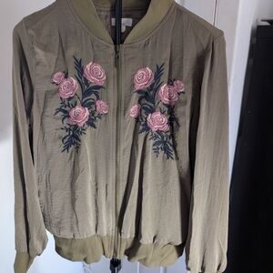 C Olive Bomber Jacket with Pink Floral Embroidery